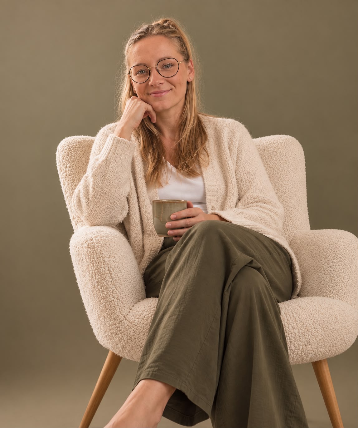 Stephanie zit in een fauteuil met een kopje in haar handen.